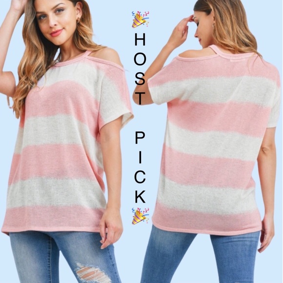 Tops - ❌DONATED❌Pink Oatmeal Striped One Side Cold Shoulder Tunic Top